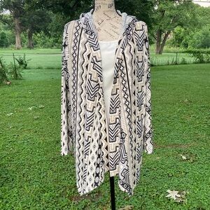 Women’s Absolutely Famous Open Draped Front Cardigan Hoodie Large Tribal Print
